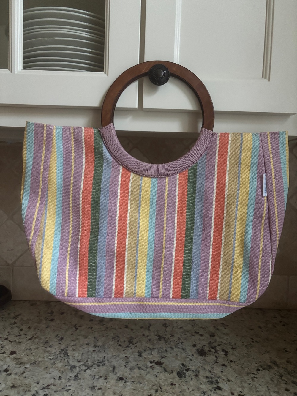 Striped Sand N Sun Bag with Wooden Handles
